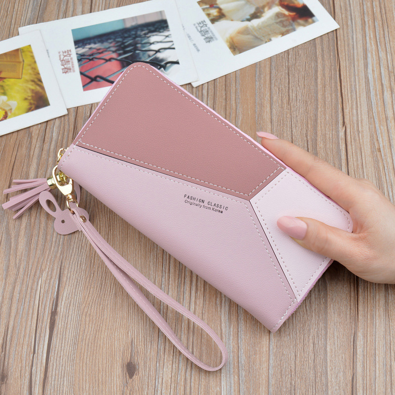 Women's Long Wallet with Three-Color Patchwork and Contrasting Colors, Stylish and Simple Zipper Phone Pouch, Student Wallet, Leather Wallet