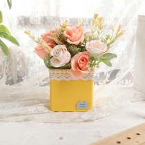 Simulation flower rose ornaments living room decoration wooden flower pot potted fake flower green plant indoor shop coffee house jewelry