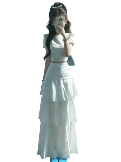 2026 New White Moonlight White Puff Sleeve Dress Women's Summer French Fairy Suit Cake Long Dress
