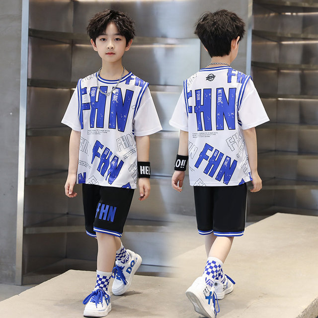 Children's short-sleeved basketball uniforms for primary school students two-piece sports suits boys' thin quick-drying clothes fake two-piece summer clothes trendy