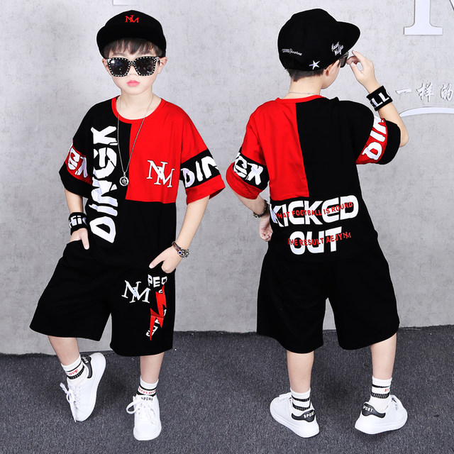 Boys Breathable Suit Summer Clothing 2024 New Summer Street Big Children's Sportswear Pure Cotton Short-Sleeved Suit Children's Clothing