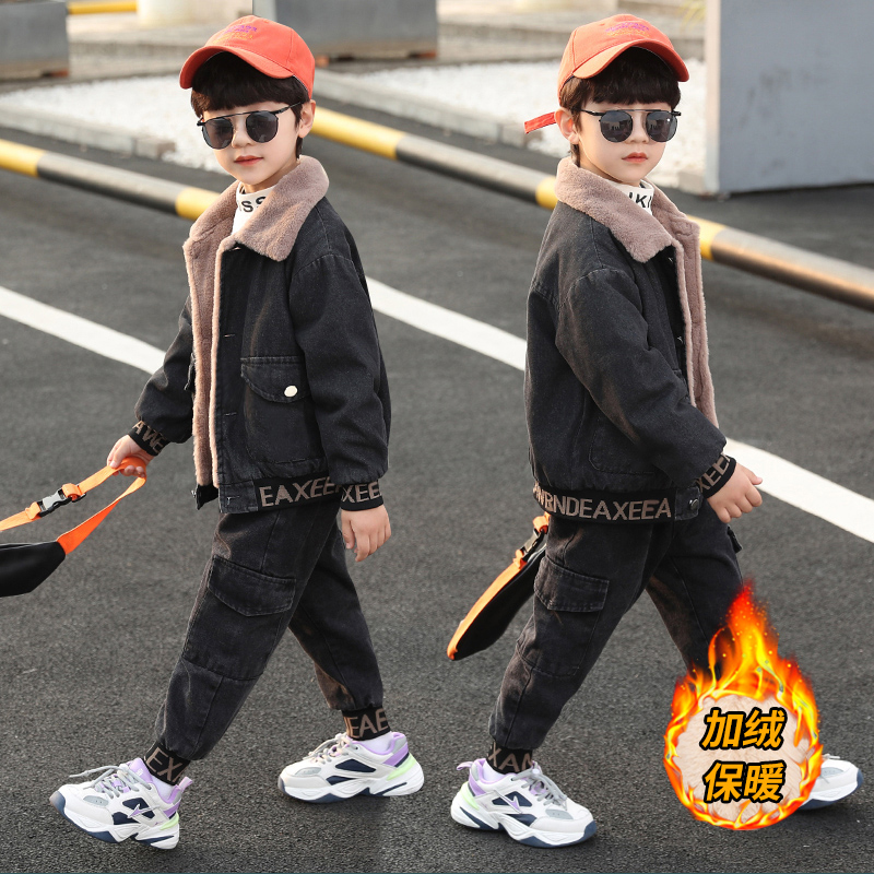 Boy Clothing Boy Winter Clothing Plus Suede Suit 2021 New CUHK Child Winter Boy Denim Thickening Two Sets