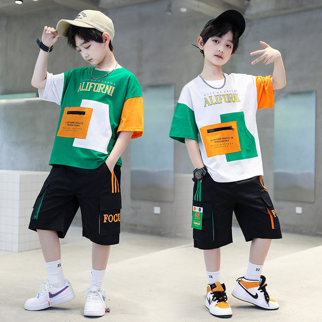 Zhongda boys summer pure cotton short-sleeved suit 2024 new summer style boy internet celebrity cool and handsome two-piece trendy suit