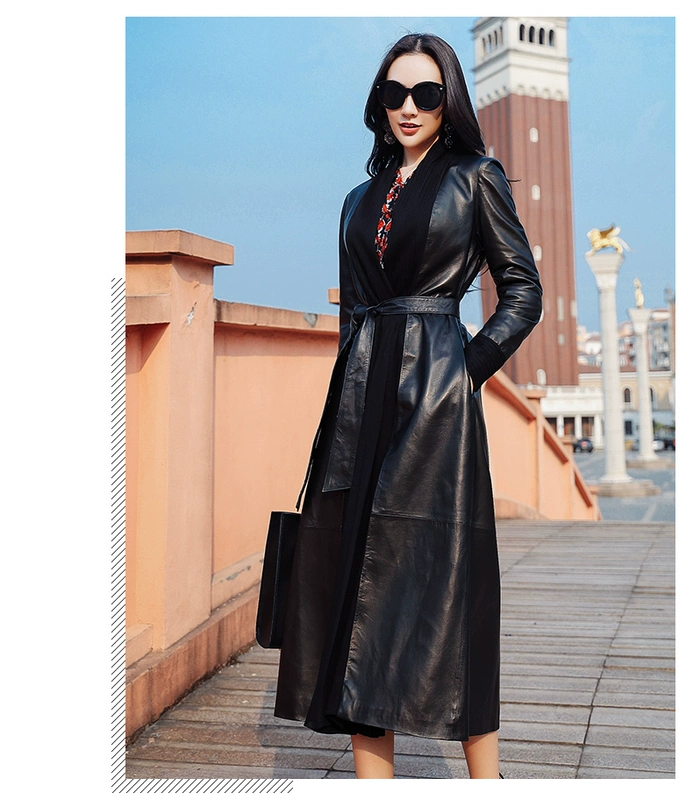 Xi Shu 2020 xuân mới châu Âu ga da cừu trench coat nữ dài Hained áo khoác da đơn áo khoác mỏng đơn giản - Quần áo da