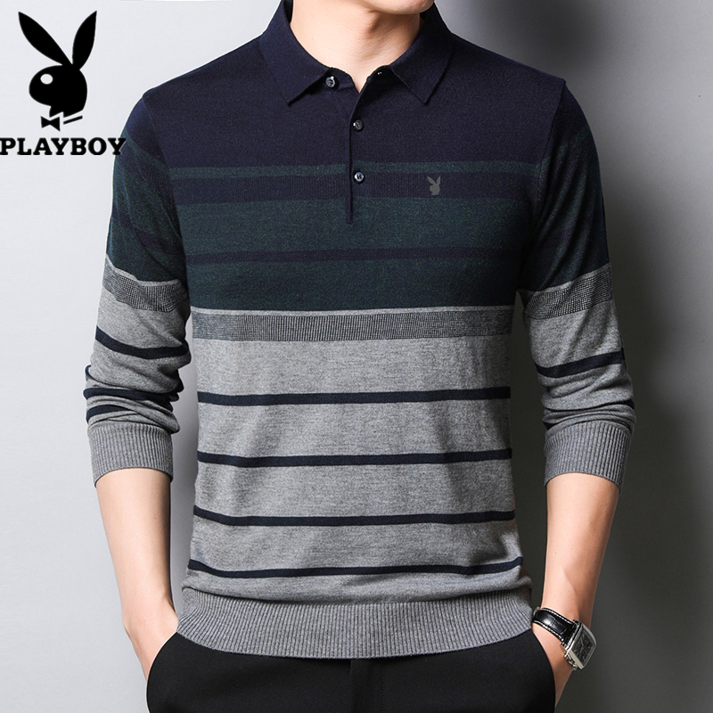 Playboy trung niên nam dài tay áo thun đùi cổ áo mùa xuân mùa thu cha knitsweater nam sọc chạm đáy.