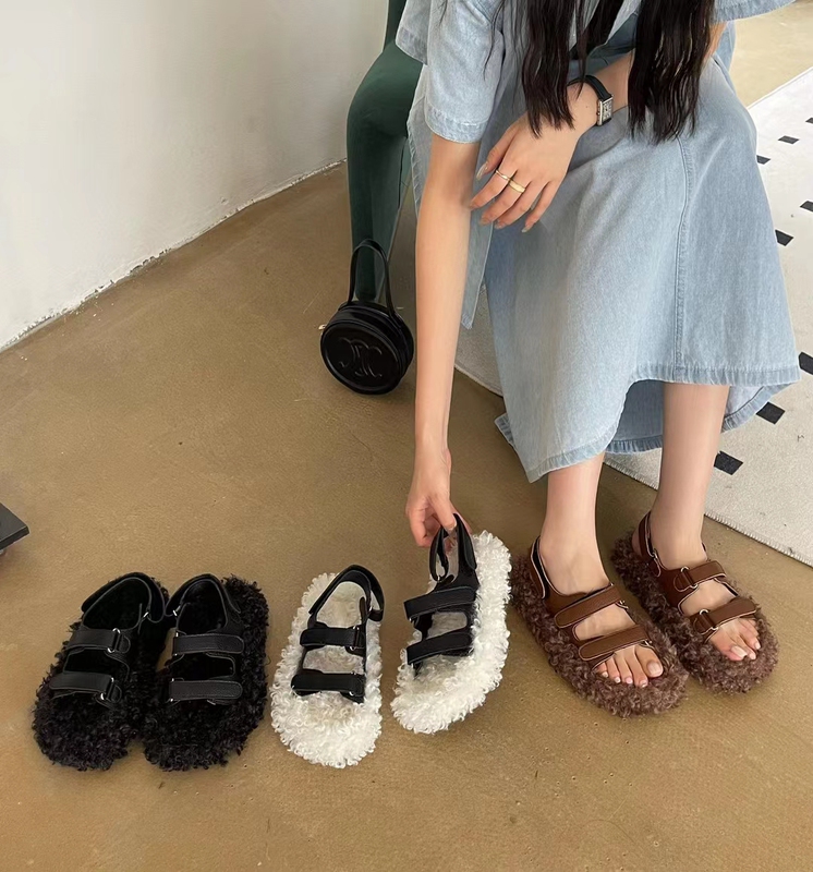 New 2023 Round-Toe Fashion Velcro Simple Flat Roman Furry Shoes for Women, Trendy High-End Thick-Soled Women's Shoes