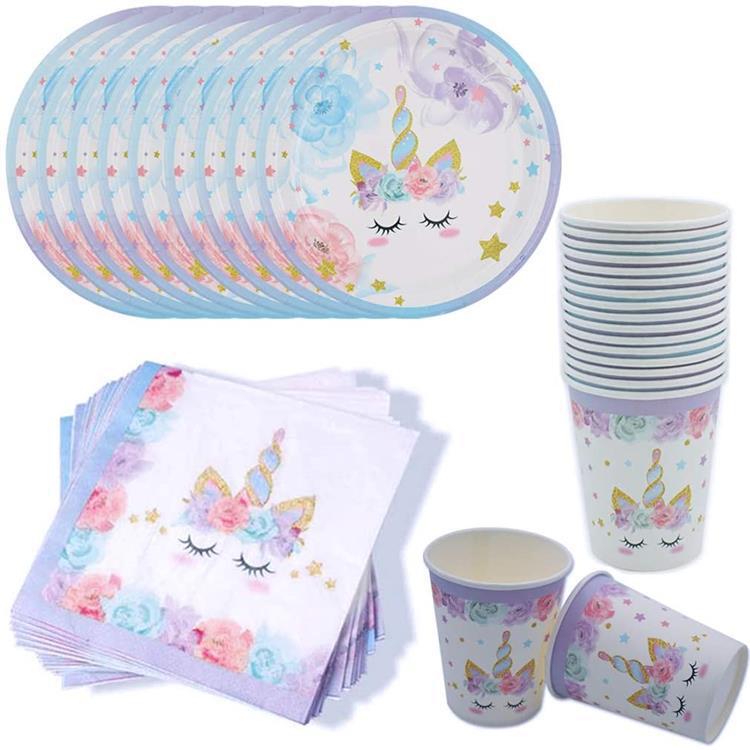  Cartoon Girl Purple Unicorn Theme Party Tableware Set Paper Napkins Paper Plates Paper Cups Party Decoration Tableware