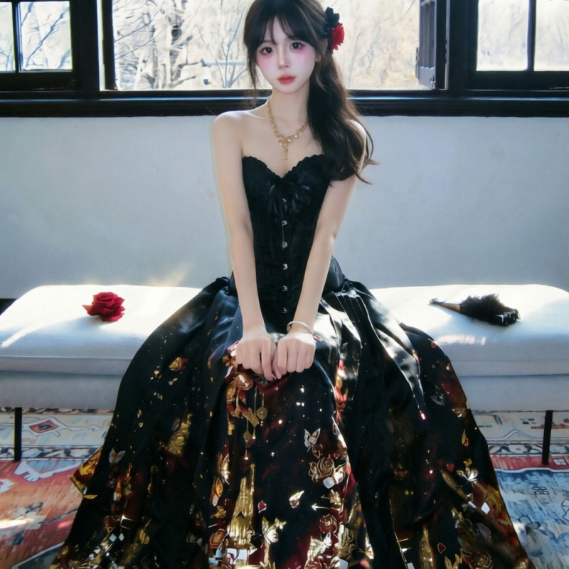 New Chinese-Style Retro Palace Black and Gold Tube Top Mamian Skirt Piece Set, Rich Lady's Evening Gown, Chinese-Style Dress, Spring and Summer Outfit New Chinese-Style Retro Palace Black and Gold Tube Top Mamian Skirt Piece Set, Rich Lady's Evening Gown, Chinese-Style Dress, Spring and Summer Outfit