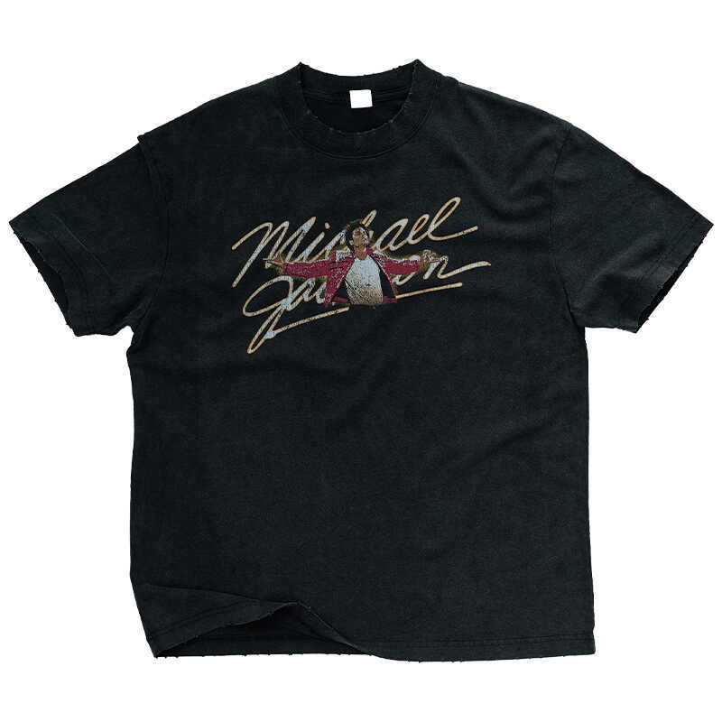 Newvintage Portrait Print Michael Jackson Mj Retro Distressed Short-Sleeved American High Street Loose T-Shirt