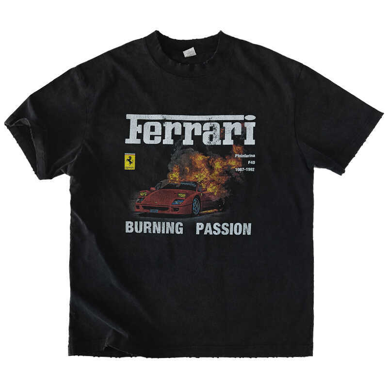 Original F40 Flame Burning Sports Car Print Washed Black American-Style Crew Neck Short-Sleeve T-Shirt Loose Summer Men's Heavyweight Tee