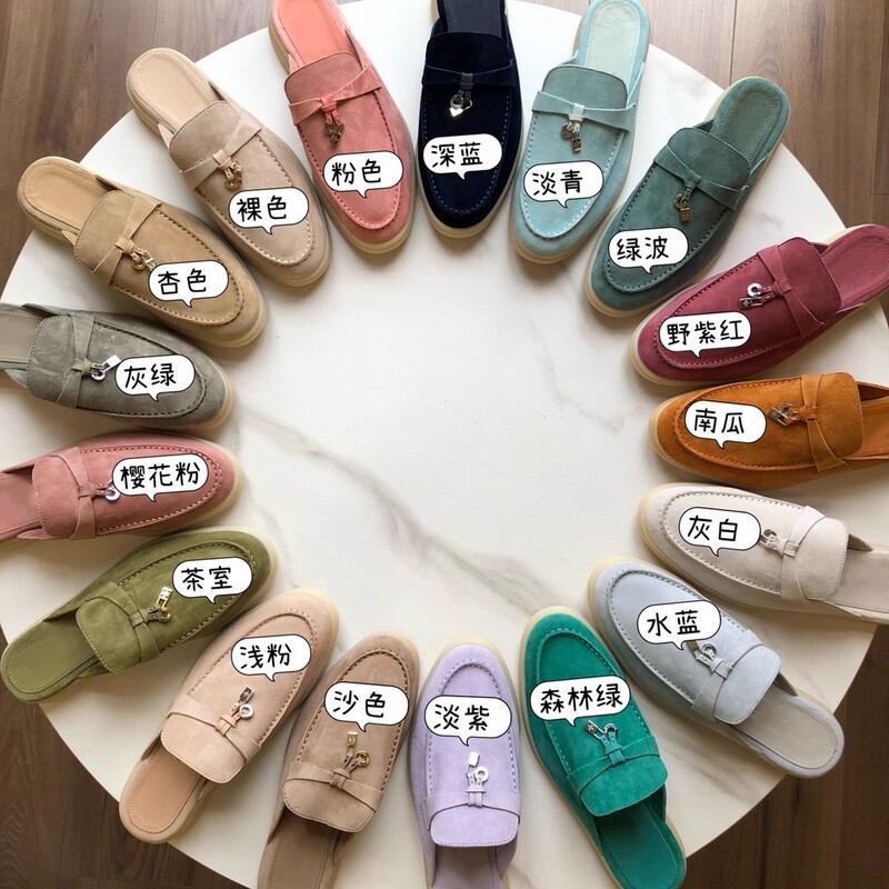 Original Lp Half-Slippers with Cashmere and Genuine Leather, Buckle Pendant Mules, Slip-On Lazy Shoes, Old Money Style