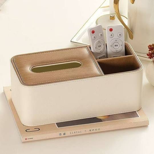 Caja de pañuelos color crema para sala de estar y dormitorio, grano de madera ligero de lujo, caja de almacenamiento simple de alta gama, caja de papel de cuero nórdico