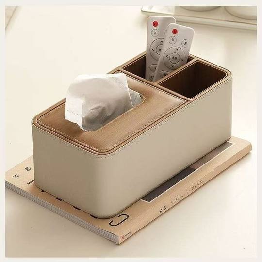 Caja de pañuelos color crema para sala de estar y dormitorio, grano de madera ligero de lujo, caja de almacenamiento simple de alta gama, caja de papel de cuero nórdico