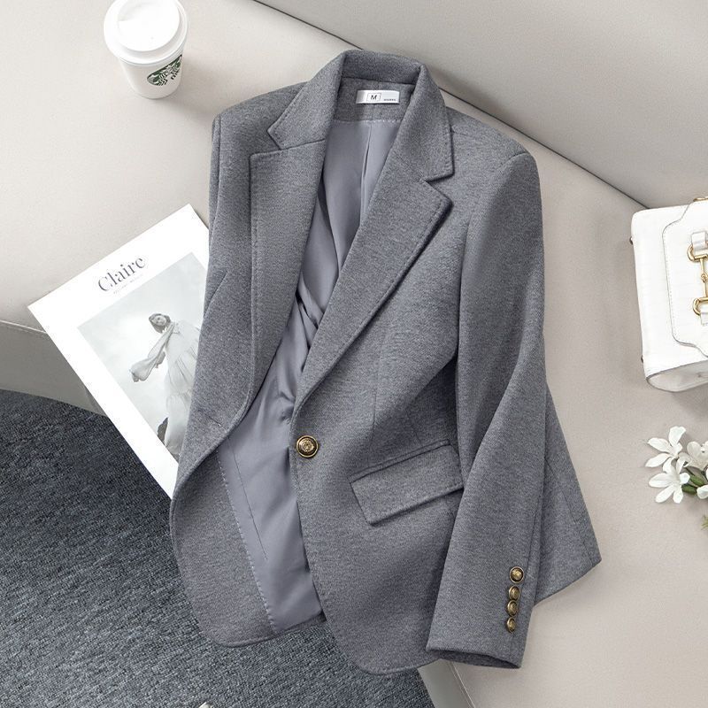Gray High-End Blazer for Petite Women, with a Sophisticated Feel, Thickened for Autumn and Winter, Slim Fit, Elegant and Casual Small Suit Jacket