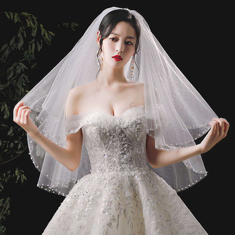 New Korean-style pearl bridal wedding head Veil Head Accessories Fairy sensual to write Genuine Wedding Dress Brigade Pat double photo-head yarn