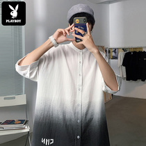 Playboy gradient color short-sleeved shirt mens summer thin section linen ice silk loose ruffian handsome three-point sleeve shirt