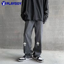 Flowers Playboy jeans Mens spring autumn loose bf Lazy Wind Pants High Street Ins Tide Card Oversize Trousers