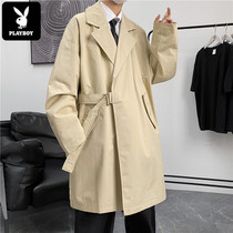 Playboy khaki trench coat mens spring and autumn long coat oversize premium fried street coat