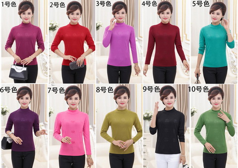 Áo thun nữ trung và dài tay cotton nữ chất liệu cotton mỏng phần nửa cổ áo sơ mi mùa xuân và quần áo mùa thu co giãn đáy áo đầm cho người trung niên
