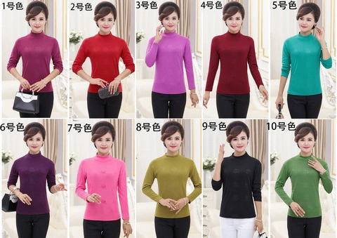 Áo thun nữ trung và dài tay cotton nữ chất liệu cotton mỏng phần nửa cổ áo sơ mi mùa xuân và quần áo mùa thu co giãn đáy áo mẫu đầm trung niên đẹp nhất hiện nay
