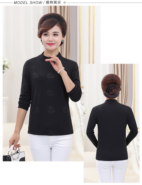 Áo thun nữ trung và dài tay cotton nữ chất liệu cotton mỏng phần nửa cổ áo sơ mi mùa xuân và quần áo mùa thu co giãn đáy áo đầm cho người trung niên