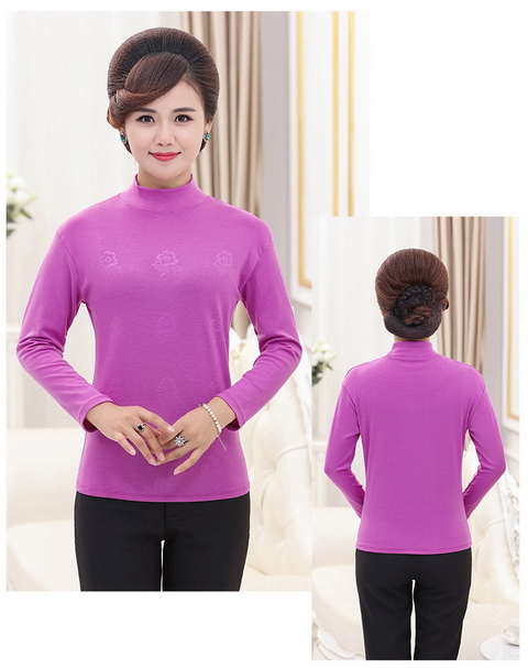 Áo thun nữ trung và dài tay cotton nữ chất liệu cotton mỏng phần nửa cổ áo sơ mi mùa xuân và quần áo mùa thu co giãn đáy áo đầm cho người trung niên