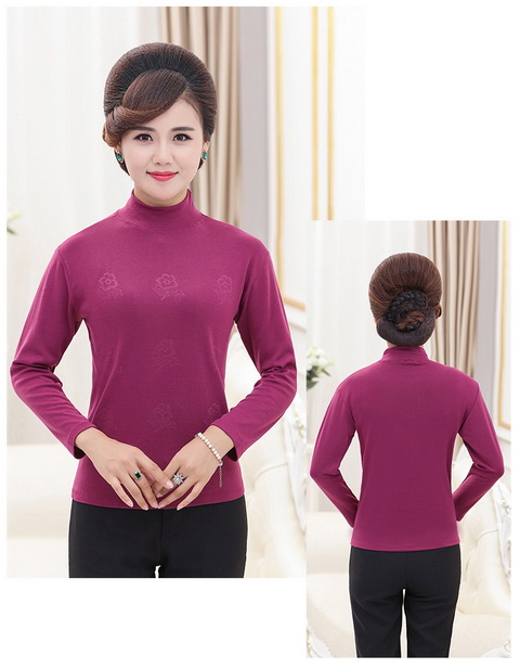Áo thun nữ trung và dài tay cotton nữ chất liệu cotton mỏng phần nửa cổ áo sơ mi mùa xuân và quần áo mùa thu co giãn đáy áo đầm cho người trung niên