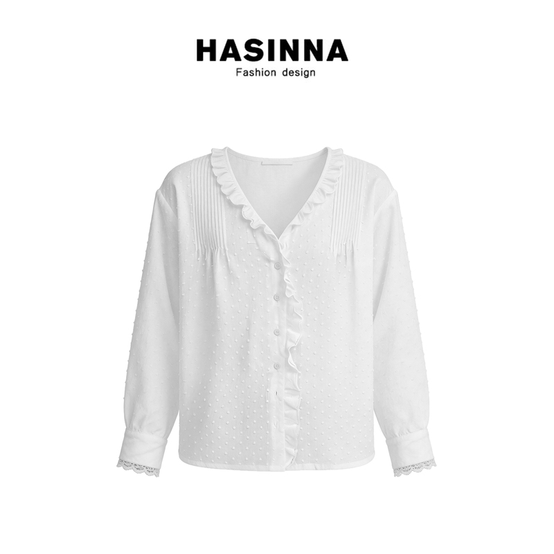 Hasinna Wild Strawberry'Romantic Ruffled Lace Large V-Neck Gentle Cotton Shirt for Women'