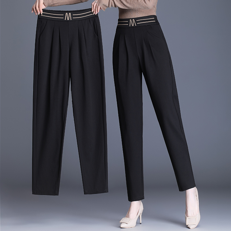 Nine-Point Harem Pants for Women, Petite Size, High Waist, Elastic Waistband, Black, Plus Size, Loose Fit, Slimming, Black Tapered Carrot Pants