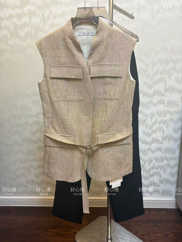 Old Money 100% Linen Stand Collar Vest Jacket for Women, Loose Fit, Versatile Sleeveless Top with Belt
