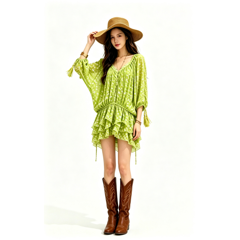[Same Style as Jiang Zhenyu] Midsummer Vine Vacation Retro Green Sunscreen Loose Batwing Sleeve Dress