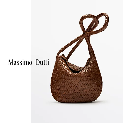 Сезон скидок MassimoDutti Женские аксессуары 2025 Осень и зима Новая простая коричневая сумка через плечо из тканой кожи наппа 06918604702