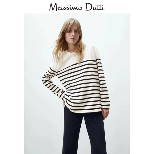 Осенняя и зимняя скидка Massimo Dutti Женская полосатая полосатая хлопчатобумажная ламская досуга Top T -Fork 06833538251