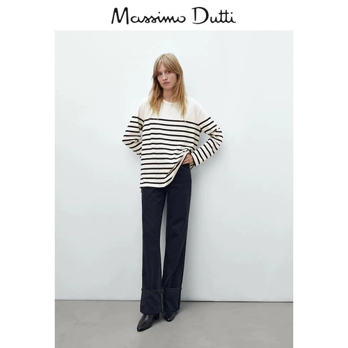 Осенняя и зимняя скидка Massimo Dutti Женская полосатая полосатая хлопчатобумажная ламская досуга Top T -Fork 06833538251