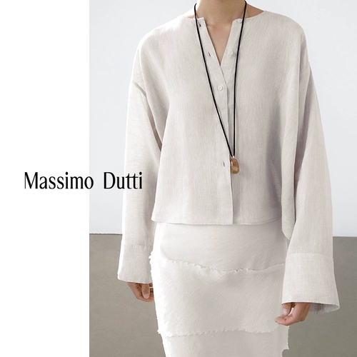 Новый сезон, специальная женская одежда MassimoDutti, осень 2025, новая льняная рубашка во французском стиле с круглым вырезом и длинными рукавами, топ 05157964712