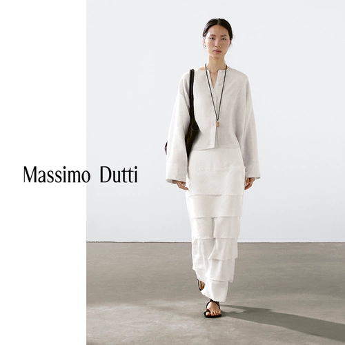 Новый сезон, специальная женская одежда MassimoDutti, осень 2025, новая льняная рубашка во французском стиле с круглым вырезом и длинными рукавами, топ 05157964712