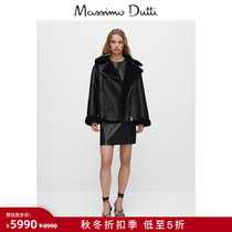 Autumn Winter Discount Massimo Dutti Women's Casual Sheepskin Biker Style Black Jacket Coat 04756656800