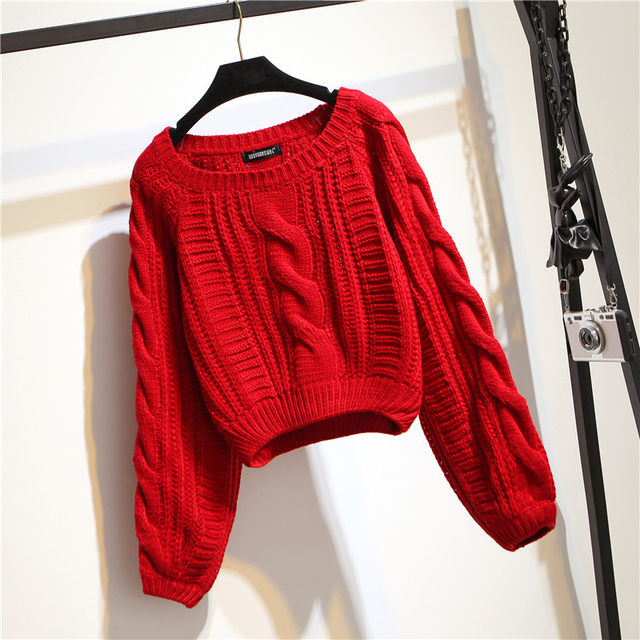 New autumn and winter Korean style round neck pullover twist bottoming sweater with lantern sleeves thickened loose high waisted sweater for women