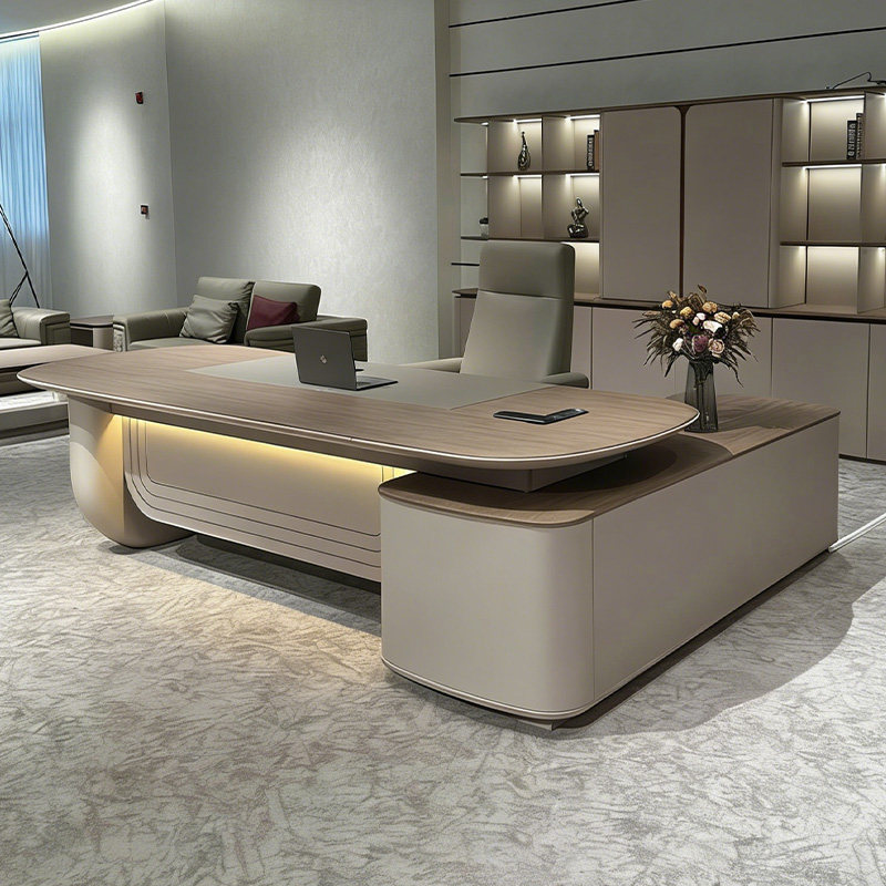Modern Minimalist Light Luxury Executive Desk with Side Cabinet, Office Desk with Light Strip, High-End Executive Desk