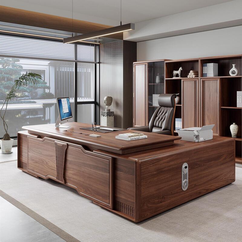 New Chinese-Style Office Desk, Elegant Solid Wood Executive Desk, High-End Boss Desk, Simple Modern Ceo Desk, North American Black Walnut