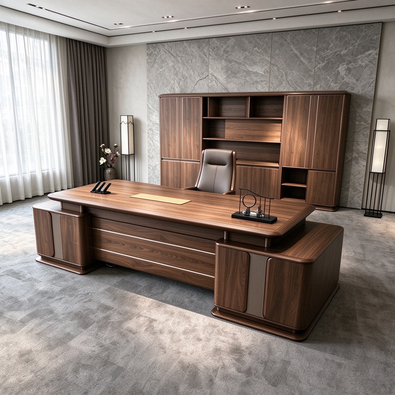 New Model of New Chinese-Style Black Walnut Executive Desk, Modern and Simple with Side Cabinet, Executive Office President's Desk