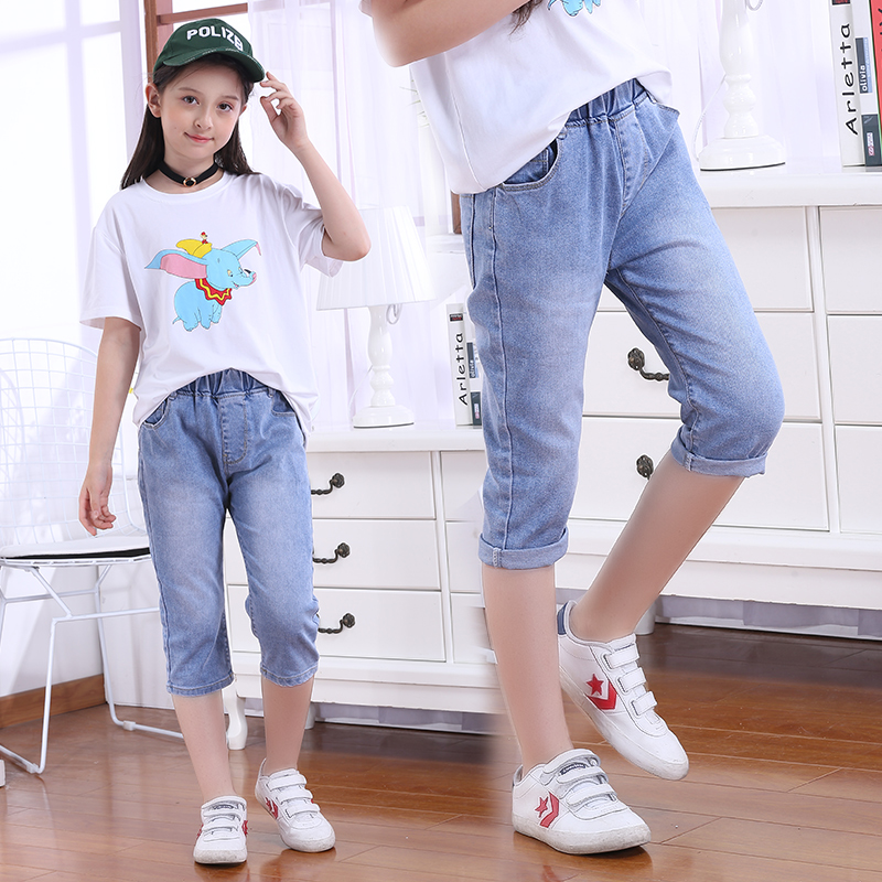 Quần áo trẻ em cô gái mỏng bẫy quần bảy điểm denim quần bảy phẩy năm điểm quần trẻ em 2020 quần cô gái mùa hè.