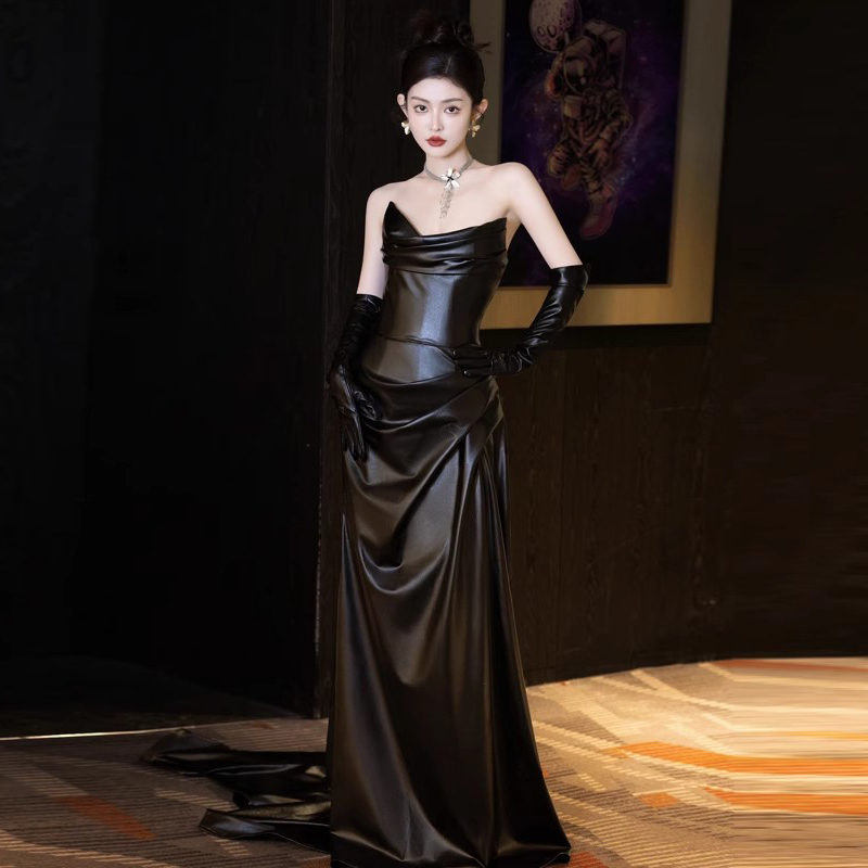 Black Evening Dress for Women, High-End, Elegant, Stunning, Light Luxury, Niche, High-End Fishtail Leather Dress, Toast Dress, Bride