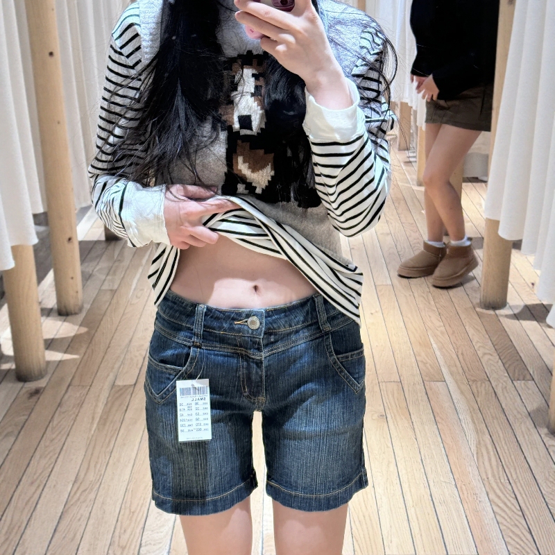 Low-Waisted Dark Denim Shorts for Women, Slimming Straight-Leg Loose Fit, 2026 Summer New Style, Bm Quarter-Length Shorts, Low-Waisted Mid-Length Pants