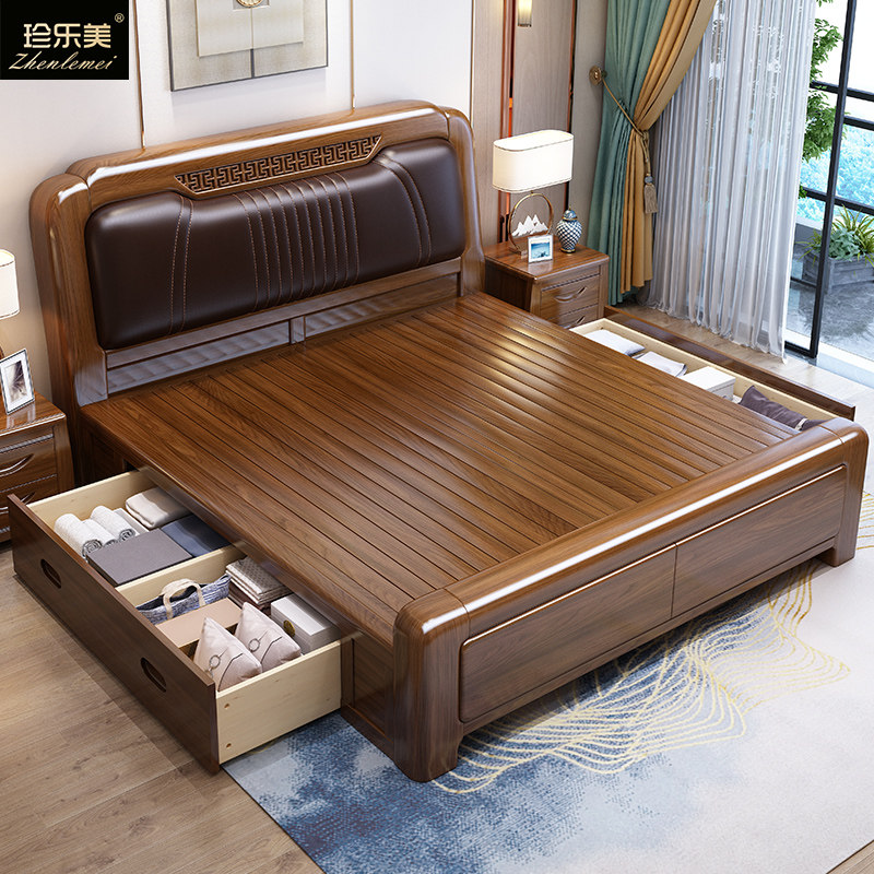 Golden silk walnut solid wood bed 1 8 meters modern minimalist double bed 1 5 high box soft bag storage wedding bed leather bed
