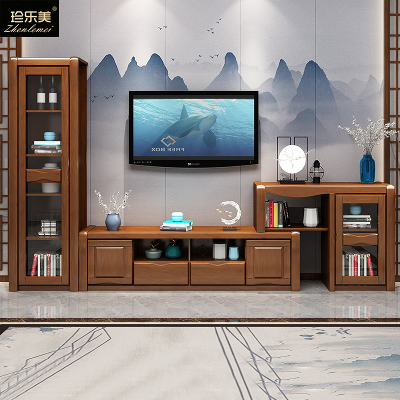 Solid wood TV cabinet Composition New Chinese modern minimalist small family type telescopic living room Suit Ground Cabinet furniture-Taobao
