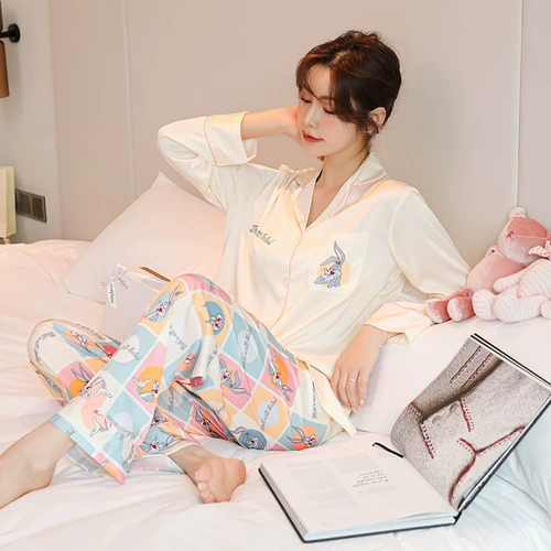 Осенняя летняя пижама, шелковый тонкий лонгслив для отдыха, комплект