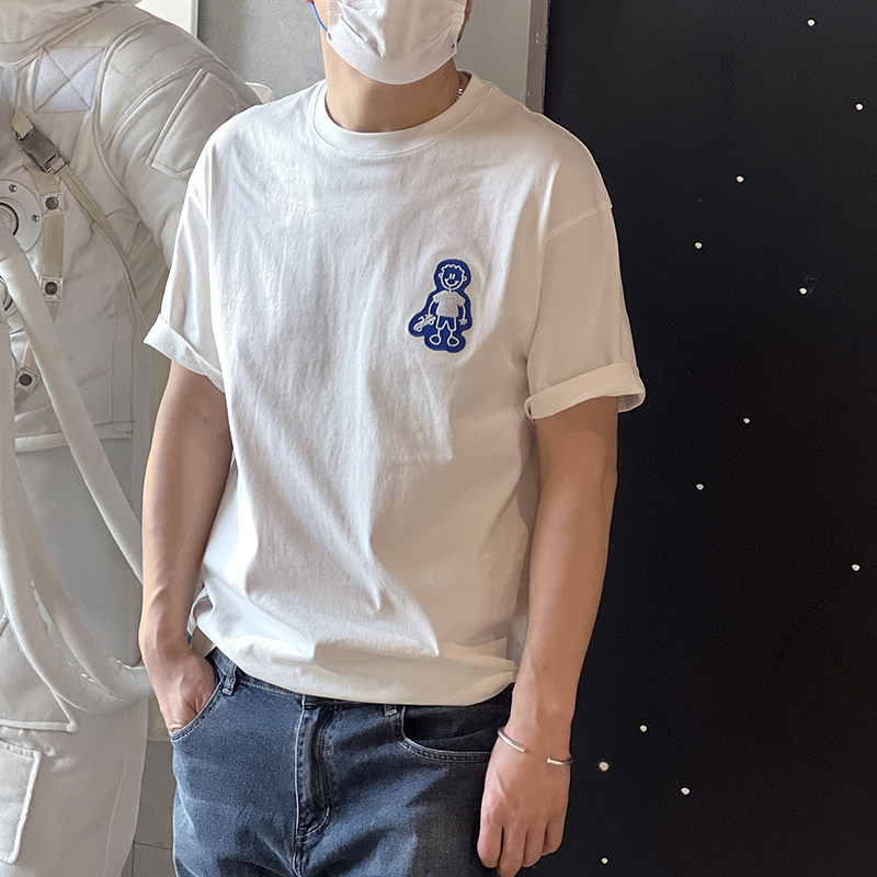 Spring cartoon embroidery short-sleeved t-shirt men's ins trend youth clothes 2022 new cotton all-match bottoming shirt