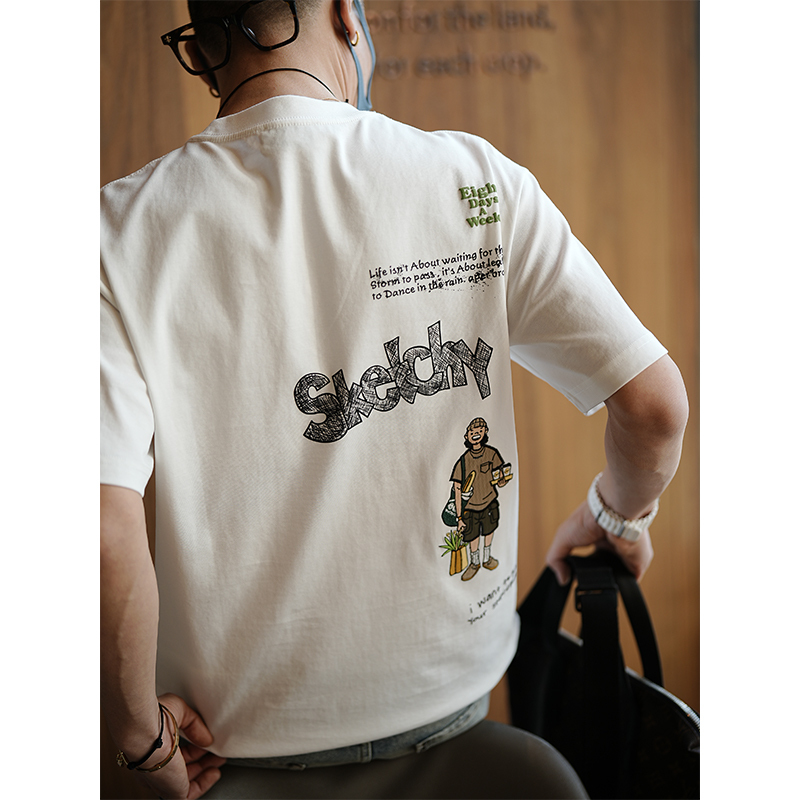 Hong Kong Style Trendy Brand Cartoon Embroidery Heavyweight Short-Sleeved T-Shirt for Men, Early Spring Couple Style Letter Print Half-Sleeve Crew Neck Shirt