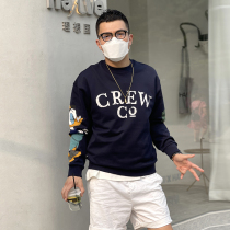 American style casual printing heavy industry round neck sweater mens trendy washed cotton loose all-match high street pullover handsome jacket